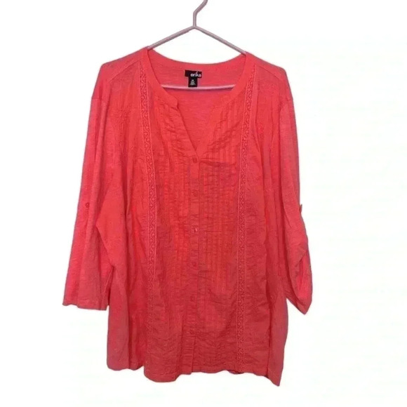 Erika Tops - Erika 100% cotton, salmon pink, button down,3/4  sleeve embellished tunic